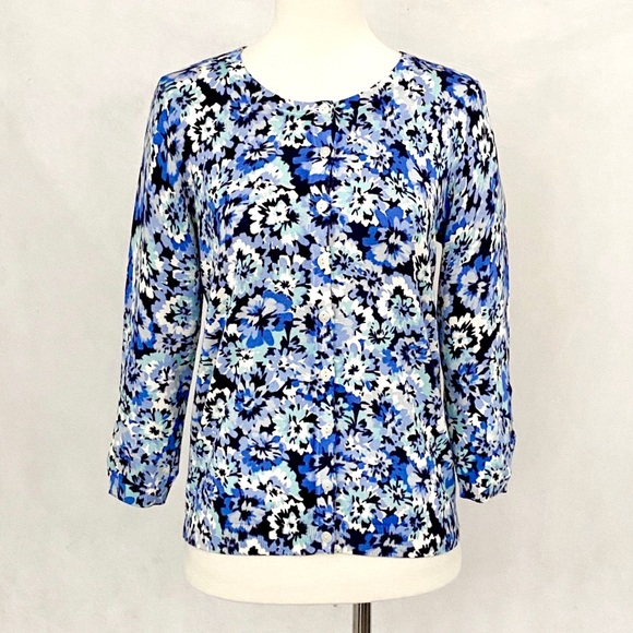Talbots Blue Floral Cotton Blend Charming Cardigan - Picture 2 of 11